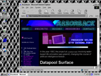 Windows 95D Lite and Internet Explorer 5.x in a VMware virtual machine, showing Razorback's randomized banner PROSECUTE UPLINK WITH EXTREME FORCE